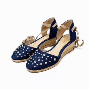 Schutz Raw Crystal Denim Espadrille Sandals Lace Up Ties Womens Size 7.5 EU 38